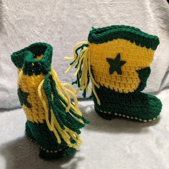 Handmade Knit Western Cowboy Fringe Booties Yellow Green Infant OS - Picture 5 of 8